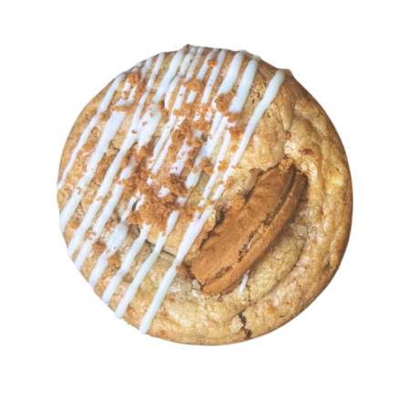 Biscoff cookie with crushed biscoff crumble and white chocolate drizzle.