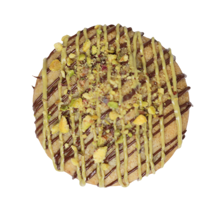 Chocolate cookie with pistachio crumble.