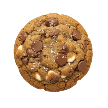 Classic chocolate chip cookie with golden edges and melted semi-sweet and white chocolate chips.