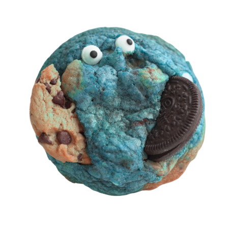 Bright blue cookie with chocolate chips, chocolate chip cookie and chip Oreo chunks.
