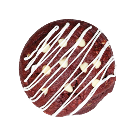 Red velvet cookie with white chocolate drizzle.